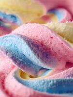 Close-up of soft swirl rainbow ice cream with delicate pastel tones pink, yellow, blue, and purple creating a smooth, creamy texture. photo