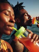 Two young people drinking water from large transparent bottles with neon-colored lids and straws, standing outdoors by the ocean. photo