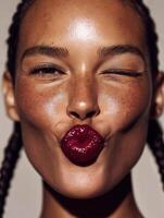 High-resolution close-up beauty portrait of a smiling woman with medium-dark skin tone and braided hair, making a kissy face with one eye playfully winking. photo