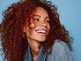 A young woman with vibrant curly red hair and freckles smiles and looks to the side against a light blue studio background. She wears a denim jacket, with a relaxed pose and a cheerful expression. photo