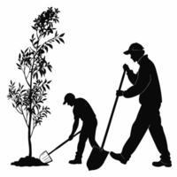 Planting Tree Silhouette Two Workers Planting Sapling. vector