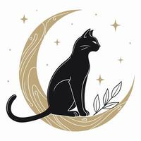 Black Cat on Crescent Moon, Mystical Art vector
