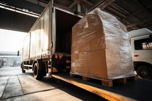 A logistics warehouse scene showing a large pallet of cardboard boxes tightly wrapped in transparent stretch film being loaded into the back of a delivery truck. photo