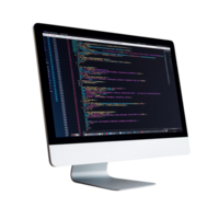Modern desktop computer displaying source code on a dark screen, showcasing software development, programming, and coding on a transparent background png