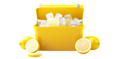 Refreshing yellow cooler filled with ice and lemonade, surrounded by fresh lemons on a transparent background Concept of summer, refreshment, and healthy lifestyle png