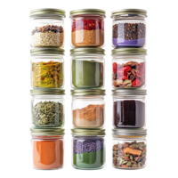 Assortment of colorful dried spices and herbs in glass jars on a transparent background Concept of cooking ingredients, flavor enhancement, and culinary arts png