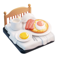 3D rendering of breakfast in bed with fried egg, bacon, and milk on a transparent background Concept of lazy morning, relaxation, and indulgence png
