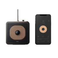 Modern black and gold radio with antenna and smartphone app interface for music streaming Concept of audio technology, wireless connectivity, and digital lifestyle png
