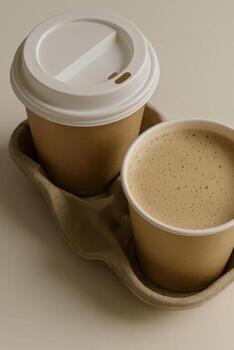 A minimalist and cozy flat lay photo featuring two kraft paper coffee cups placed in a textured recycled cardboard tray.