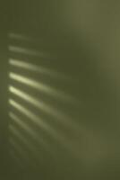 Soft light filtering through blinds casts shadows on a matte olive-green wall. photo