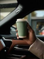 A close-up shot of a hand holding a green textured paper coffee cup with a white lid inside a luxury car. photo