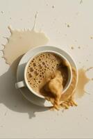 A dynamic close-up shot of a coffee splash captured mid-motion in a white ceramic cup with saucer, placed on a minimal off-white surface. photo