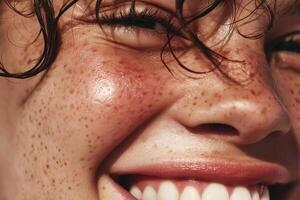 Ultra close-up macro shot of a smiling young womans face with glowing skin, pronounced freckles, and natural texture. photo