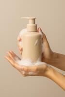 Minimalistic close-up of two hands gently holding a beige pump bottle covered with white airy foam and soap bubbles. photo