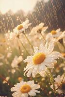 Close-up photograph of blooming white daisies in a meadow, captured during a gentle rain at sunset. photo