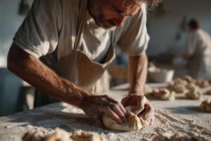 Hands shaping rustic bread dough photo