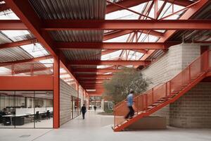 A modern industrial office interior with red-painted steel beams, exposed concrete block walls, and large glass-walled workspaces. photo