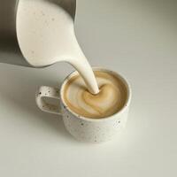 A stream of frothed milk is being poured from a metal pitcher into a speckled ceramic cup, forming a heart-shaped latte art. photo