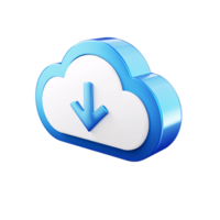 3D rendering of a blue and white cloud icon with download arrow on a transparent background Concept of cloud computing, data transfer, and file sharing png