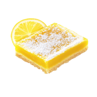 Delicious lemon bar dessert topped with powdered sugar and a lemon slice on a transparent background Concept of baking, pastry, and sweet treat png