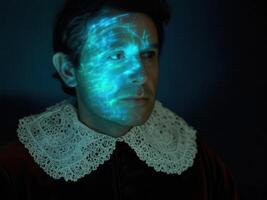 A man in vintage attire with glowing digital patterns on his face, merging historical portrait aesthetics with futuristic holography photo