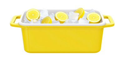 Refreshing yellow cooler filled with sliced lemons and ice cubes on a transparent background Concept of summer, freshness, and healthy citrus beverage png