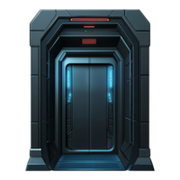 Futuristic spaceship door or elevator with glowing blue lights on a transparent background Concept of science fiction, technology, and space travel png