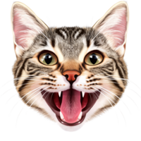 Cartoon tabby cat with open mouth and visible fangs, roaring with tongue out on a transparent background Concept of animal behavior, aggression, and feline expression png