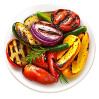 Grilled vegetables on a white plate with rosemary, including zucchini, peppers, onion, and tomatoes Concept of healthy eating, vegetarian cuisine, and summer barbecue png