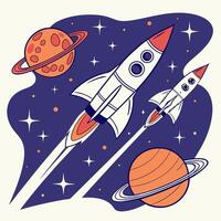 Rockets Flying Through Space with Planets vector