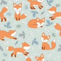 Seamless pattern with a little fox, flowers and leaves. vector