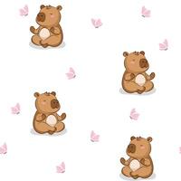 Cute capybara yoga with butterflies, seamless pattern vector