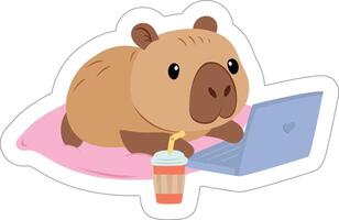 Cute capybara lying on a pillow with laptop, and glass with a drink next vector