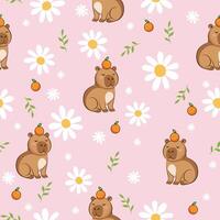 Cute capybara with oranges and flowers. Seamless funny pattern vector