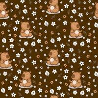 Capybara in lotus position with flowers and leaves. Finny seamless pattern vector