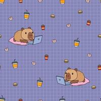 Seamless funny capybara lying on a pillow with laptop, and fast food vector