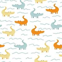 Seamless pattern with cute crocodiles and waves. vector