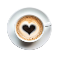 Top view of a cup of coffee with heart shaped latte art on a white saucer, symbolizing love, romance, and Valentines Day png