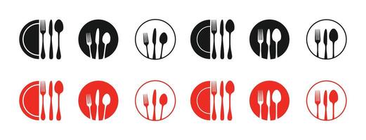 Fork, knife, spoon and plate set icons. Tableware set flat style. Dinner service collection. Plate, fork and knife for apps and websites. Dinner service - stock . vector
