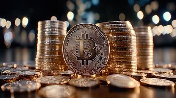 Shiny golden bitcoin and cryptocurrency coins stacked and scattered on reflective black surface with bright digital highlights photo