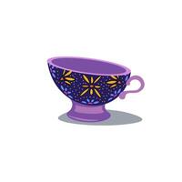India cup with ornate in flat design. Saucer or mug with colourful ornament. illustration isolated. vector