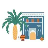 Traditional Morocco architecture in flat design. Ornate wall with windows, door, palm. illustration isolated. vector