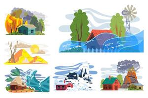 Natural disasters set in flat graphic design. Collection isolated elements of forest wildfire, flood, drought, desert, crashing tornado waves, snow avalanche, volcanic eruption. illustration. vector