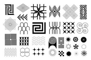 Brutalist geometric shapes set in flat graphic design. Collection isolated elements of abstract black silhouettes with spotted and striped figures, stars, flowers, waves, other. illustration. vector