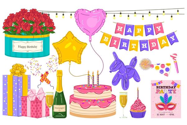 Happy birthday set in flat graphic design. Collection isolated elements of rose bouquet, balloons, garlands, gift boxes, champagne and glasses, cake with candles, cupcake, other. illustration.