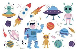 Space and astronomy set in flat graphic design. Collection isolated elements of aliens, ufo spacecraft, rocket, meteorite, planets, astronaut, spaceship, stars, asteroids, other. illustration. vector