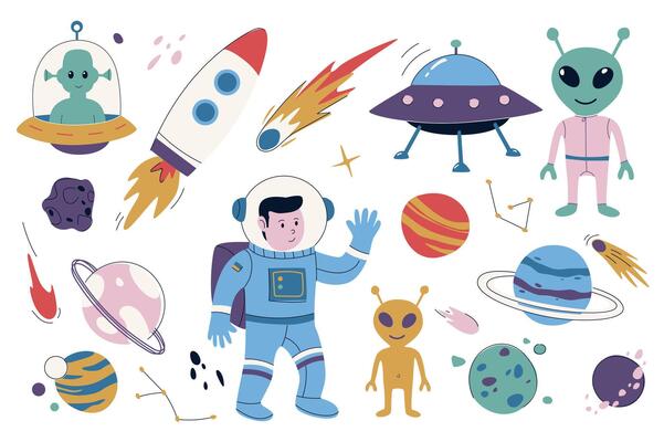 Space and astronomy set in flat graphic design. Collection isolated elements of aliens, ufo spacecraft, rocket, meteorite, planets, astronaut, spaceship, stars, asteroids, other. illustration.