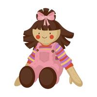 Textile doll in flat design. Funny soft puppet toy in clothing for girl. illustration isolated. vector