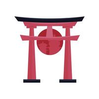 Japan pagoda gate with red moon in flat design. Traditional architecture. illustration isolated. vector