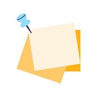 Note pages with pin in flat design. Office or school attached notepapers. illustration isolated. vector